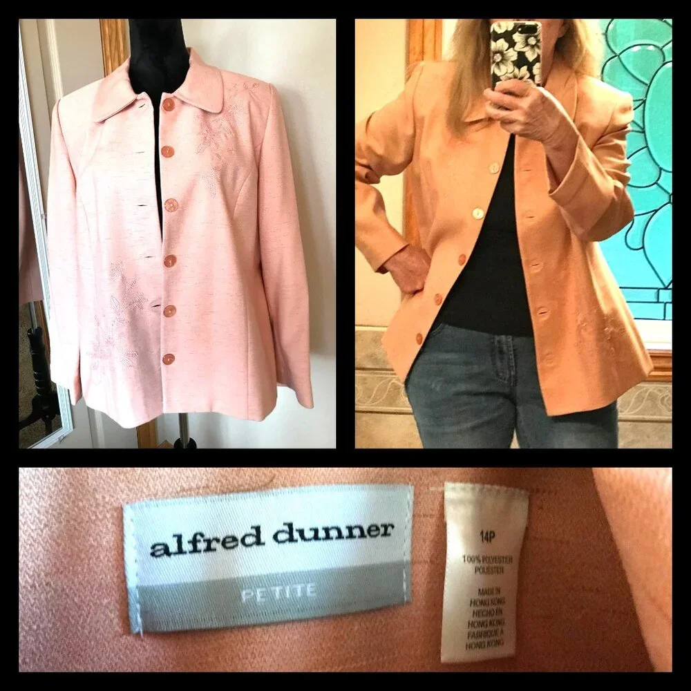 Alfred Dunner Beaded Blazer Vintage 80s Floral Embroidery Jacket Peach Size 14P